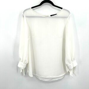 Nine West White Semi Sheer 3/4 Sleeve Tie Boat Neck Lightweight Blouse Large